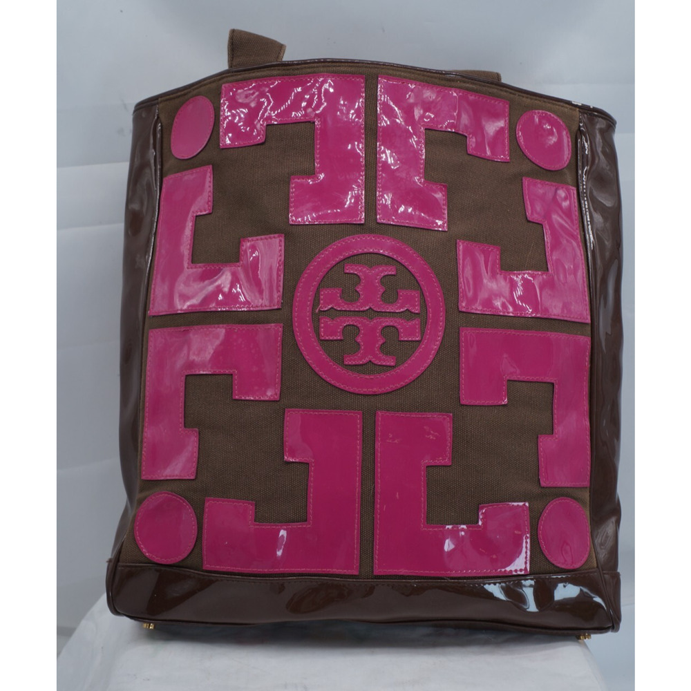 TORY BURCH TALL CANVAS & PATENT PINK & BROWN TOTE - Picture 4 of 9